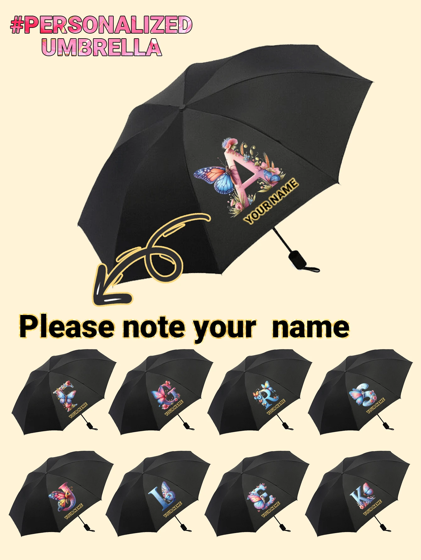 個性化蝴蝶字母雨傘，客製化姓名兒童雨傘，兒童生日禮物 - W068蝴蝶字母雨傘 - 查看 1