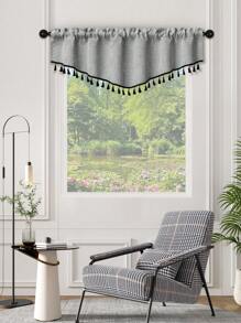 1pc V-Shaped Valance With Black Tassels, Japanese Minimalistic Style Faux Linen Voile Curtain Panel, Suitable For Living Room, Bedroom, Kitchen Windows And Doors, Room Divider