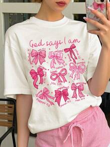 Áo thun cổ tròn tay ngắn in họa tiết nơ và khẩu hiệu Y2K dành cho bé gái tuổi teen, phù hợp cho các chuyến đi chơi mùa xuân/hè - trắng - Xem 1