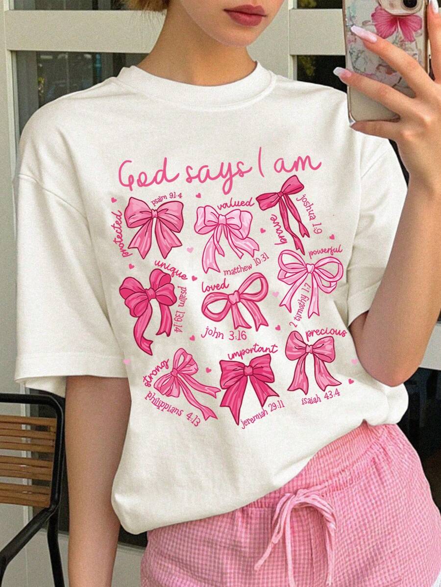 Áo thun cổ tròn tay ngắn in họa tiết nơ và khẩu hiệu Y2K dành cho bé gái tuổi teen, phù hợp cho các chuyến đi chơi mùa xuân/hè - trắng - Xem 1