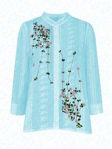 Camisa de manga larga para mujer con estampado simple - Azul - Ver 3