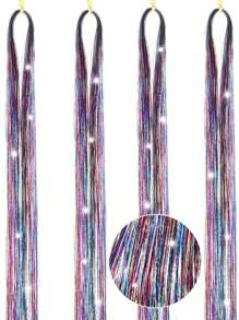 3pcs/Set Holographic Synthetic Hair Extensions, Colorful Shiny Gold & Silver Clip-In Hair Pieces For Girl - Purple - View 2
