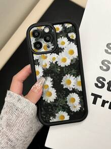 Summer 1pc Minimalist White Daisy Flower Pattern IPhone 16 Case, Luxury Black Full Body Protective Shock-Proof TPU Thick Phone Case