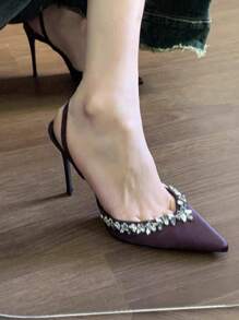 2026 Spring/Autumn New Pointed Toe Purple Stiletto High Heel Satin Rhinestone Strap Slip-On Sandals For Women - Purple - View 3