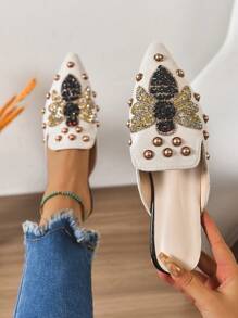 2025 Autumn New Women Rhinestone Animal Decor Fashionable Casual Versatile Mule Flats