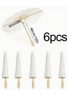 6pcs/1pc White Paper Umbrella - Wooden Handle, No Power Or Feathers Required, Perfect For Weddings, Photo Shoots, Makeup, Parties, Beach Decorations.