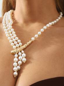 1pc Handmade Faux Pearl Beaded Women High-End Wedding Jewelry Necklace, Fashionable Style - Multicolor - View 3