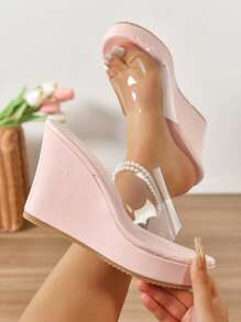 Women's Fashion Butterfly & Floral Decor Mules Transparent Wedge Sandals, Vacation Style Summer Pink Transparent Wedge Sandals, Open Toe Design, Suitable For Young Ladies, Party, Wedding, Vacation, Attendance, Banquet, Fashion Show