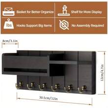 1pc Countryside Style Wooden Round Log Wall Hanging Decor With Book Shelf, Hook For Keys, Mail Rack, Easy To Install Wall Mount - Multicolor - View 2