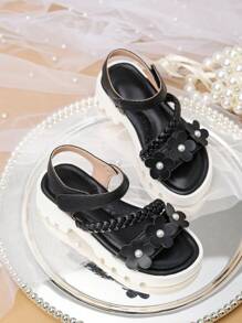 百搭花卉编织女童沙滩凉鞋，夏季