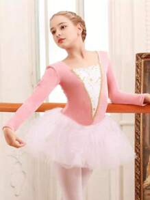 儿童舞蹈服装、女童演奏服、天鹅绒芭蕾舞裙、幼儿长袖体操紧身衣 - 粉色 - 查看 4