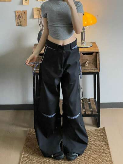 女士夏季条纹系带休闲阔腿裤