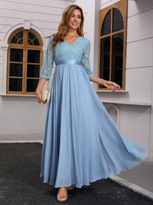 女士伴娘礼服雪纺九分袖蕾丝优雅超长晚礼服 - 霧霾藍 - 查看 4