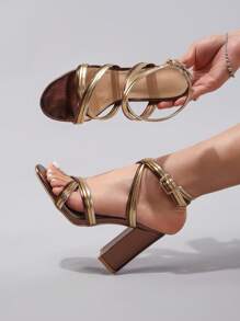 女士亮面 PU 交叉带高跟凉鞋，圆头休闲优雅性感派对舞蹈粗跟凉鞋，2025 年夏季新款 - 銅色 - 查看 4