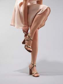 女士亮面 PU 交叉带高跟凉鞋，圆头休闲优雅性感派对舞蹈粗跟凉鞋，2025 年夏季新款 - 銅色 - 查看 6