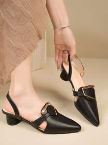 Women's Pointed Toe Chunky Heeled Sandals, 2024 New Summer Stylish & Versatile Closed Toe Soft Leather Mid Heel Shoes
