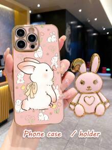 1 stuk hoogwaardig roze gegalvaniseerd telefoonhoesje, effen kleur, schattig konijnencartoon, opvouwbare standaard, volledig dekkende beschermhoes met standaard, compatibel met 16 Pro Max/ 11/ 13/ 15 Pro Max/Apple-serie, S24 Ultra/S23 Ultra/Galaxy A05S/A15 5G/Galaxy A54/serie, Redmi Note 13 4G/Redmi Note 13 Pro 4G/serie