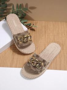 女士夏季凉鞋和拖鞋：绳底拖鞋、金属扣装饰拖鞋、度假风格凉鞋、舒适易穿的一脚蹬凉鞋、厚底沙滩凉鞋、印花家居拖鞋 - 卡其色 - 查看 7