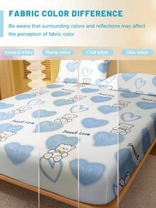 1pc Cute Cartoon Bear Heart Geometric Blue Bear Print Brushed Fitted Sheet, Bedroom Printed Bed Cover, Mattress Cover, Mattress Protector, Dust Cover, Bedding (Excluding Pillow Case) - Multicolor - View 5