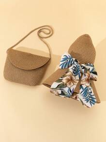 Set de 2 piezas - Sombrero de sol con lazo de cinta y estampado floral y bolso de hombro de paja, adecuado para vacaciones, color caqui