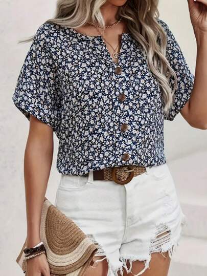 Camiseta de mujer talla grande con cuello en V y estampado floral, blusa casual de mezcla de poliéster de manga corta, liviana y elástica, moda para primavera/verano