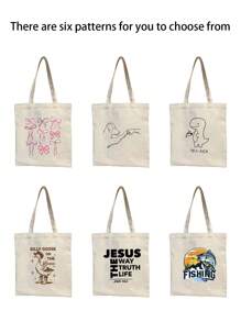 Fashionable And Simple Style Letters, Animals, Fishing, Bows, Ducks, Dinosaurs, Dogs And Other Elements Printed Canvas Bags, Shopping Handbags - Multicolor - View 7