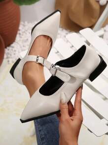 Women's Summer/Spring Pointed Toe Fashion Leather Slip-On Loafers, Buckle Decor Comfortable Low Heel Flats, Vintage Chunky Heel Mary Janes - Beige - View 4