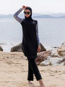 3 件套中东风格长袖和长裤女士简约连帽泳衣，夏季海滩