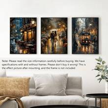 3pcs/Set Unframe Cafe After The Rain, A Couple Walking In The Rain, Old Tram On The Streets Of London At Night Black And White Canvas Print Artwork, Can Be Decorated In The Living Room, Bedroom, Office, Posters, Wall Art, Room Decoration Stuff,Modern, Travel,Botanical Gifts Birthday Graduation