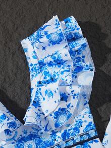 2pcs Set Women Vacation Casual Elegant Swimsuit Wrap-Around Style With Vintage Placement Print & Skirt Attached - Blue - View 4