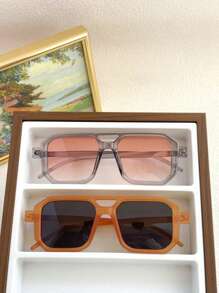 2 件装撞色双桥方形框架时尚眼镜，女士适用