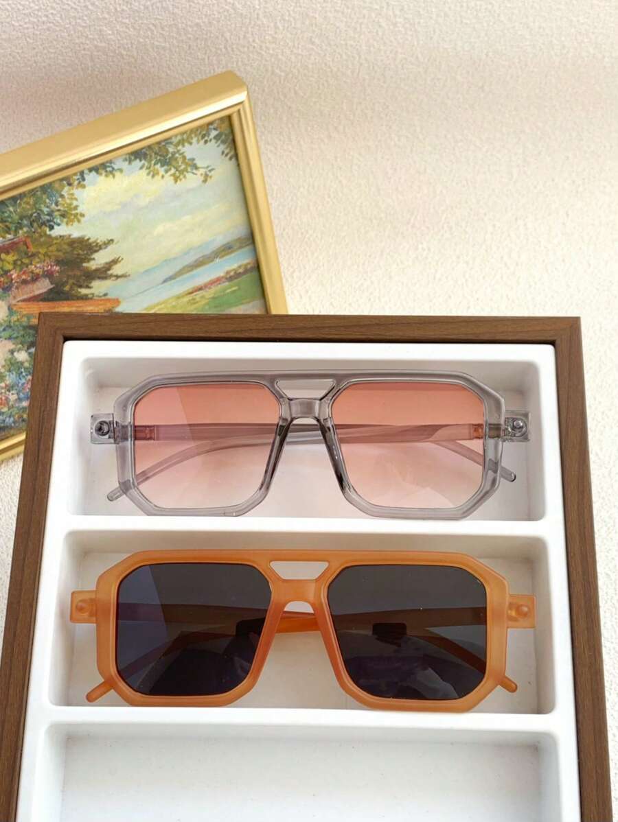 2 件装撞色双桥方形框架时尚眼镜，女士适用