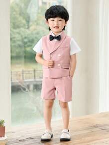 3 Peças Conjunto de Colete + Shorts + Gravata Borboleta para Meninos, Traje Formal Adequado para Apresentação Escolar, Pajem de Casamento, Ocasiões de Feriado, Verão