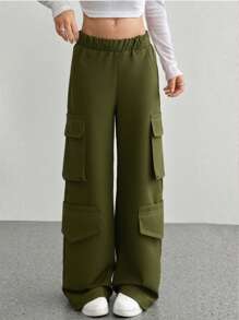 Tween Girls Vintage Pocket Cargo Pants, Casual For Outdoor Daily Wear, All Season - Army Green - View 1