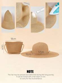 2件套女士卡其色沙滩遮阳帽和斜挎草编包，旅行度假百搭，情人节礼物 - 卡其色 - 查看 5