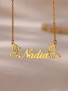 [Customized] Girl Double Butterfly Customized Name Necklace Stainless Steel Personalized Butterfly Decor Pendant Necklace, Fashion, Autumn, Minimalist, Cute, Casual Customized, Unique Gift For Girlfriend, Mom, Family, Friend, Daughter, Anniversary, Valentine's Day, Mother's Day, Birthday, Graduation, Daily Wear, Wedding, Prom