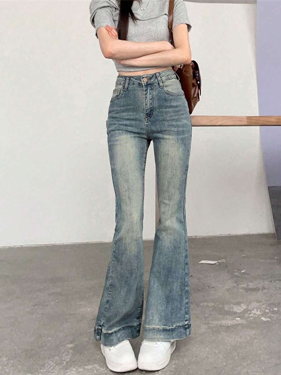 Blue Stretch Denim Flared Jeans For Women, Skinny Fit Long Pants, Slimming