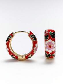 1 对时尚优雅复古花卉油滴环耳环