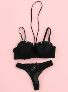 Beautiful Bra And Thong Set With Details In Mesh Fabric With Metal Appliqués, Sexy Lingerie, Various Colors, Comfortable And Of The Best Quality, Soft And Comfortable, To Show Off That Incredible Body. - 黑色 - 查看 1
