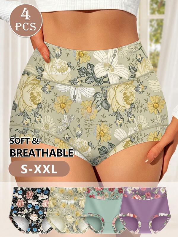 MIOTAN 4pcs Women Panties Seamless Comfortable Breathable Mid-Waist Flower Print