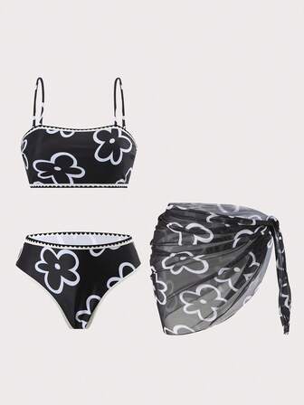 New Floral Print Bikini 3pcs Set, Sexy Soft Cup Printed Bikini Swimwear, Beach Cover-Up For Women, Summer