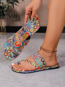 Women's Bohemian Style Sunflower Pattern Hook And Loop Design Flat Sandals, European & Fashion, Casual, Retro, Peep Toe