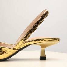 OMS Pointed-Toe Stiletto Heels For Women, 2025 Spring/Summer New French Style Open-Toe Breathable Backless Mid-Heel Dress Shoes, Elastic Band, Gold, Lightweight And Breathable For All Seasons