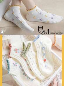 1/10 双女士短袜，隐形袜，白袜，女士袜子，可爱袜子，女孩袜子，采用吸湿排汗线防滑设计，柔软，舒适，透气，可爱蕾丝设计，办公休闲学院风，四季皆可穿。袜子颜色随机 - 彩色 - 查看 14
