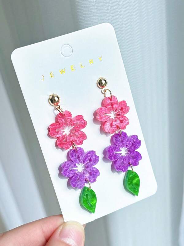 1 par de pendientes de flor de cerezo de acrílico con brillos, flor hueca de lentejuelas rosa/morada, hojas onduladas verdes, dulce y lindo, adecuado para mujeres, accesorio de regalo