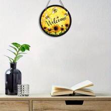 Welcome Wreath Logo, Bee And Sunflower Logo, Rural Art, Circular Wooden Logo, Wreath Center, Wreath Logo, Wreath Decoration, Door Decoration, Wall Decoration, Home Decoration, Room Decoration, Farmhouse Decoration, Porch Decoration