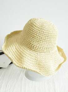 1pc Versatile Foldable Straw Hat, Women Summer Outdoor Sun Protection Hat, Korean Style Vacation Beach Hat, Fashionable - Khaki - View 6