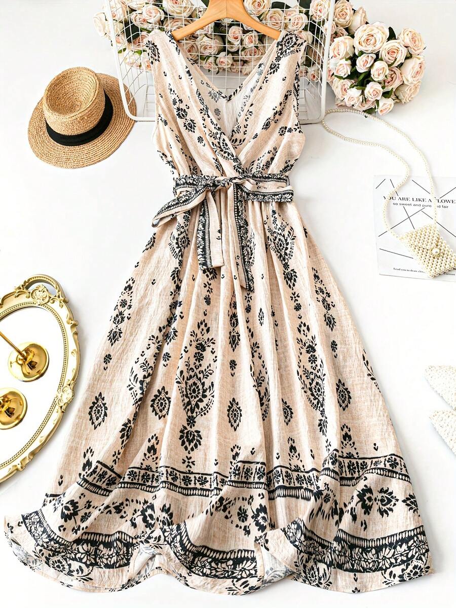 Plus Size Floral Print V-Neck Dress, Fashionable For Summer - Apricot - View 1