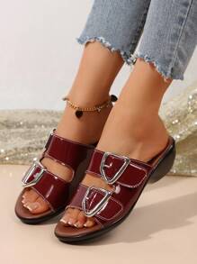 女士时尚厚底坡跟凉鞋，系带金属扣露趾度假风格大码舒适沙滩拖鞋