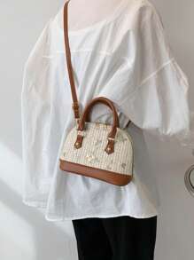 复古贝壳草编手提包，优雅网眼女士单肩包，主要材质 PU，配件草编和网眼